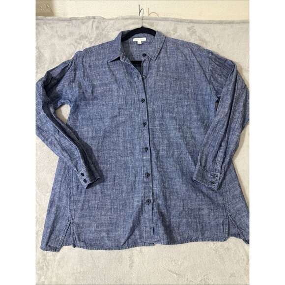 Eileen Fisher Women’s XS Blue Organic Cotton Button Front Shirt Top - Picture 2 of 9
